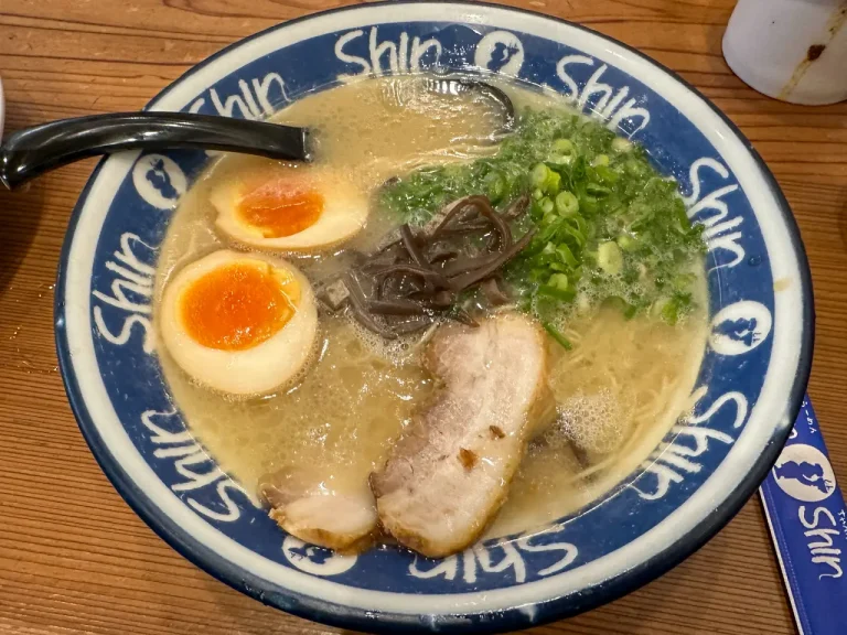 Bowl of Hakata Shinshin Ramen with rich tonkotsu broth