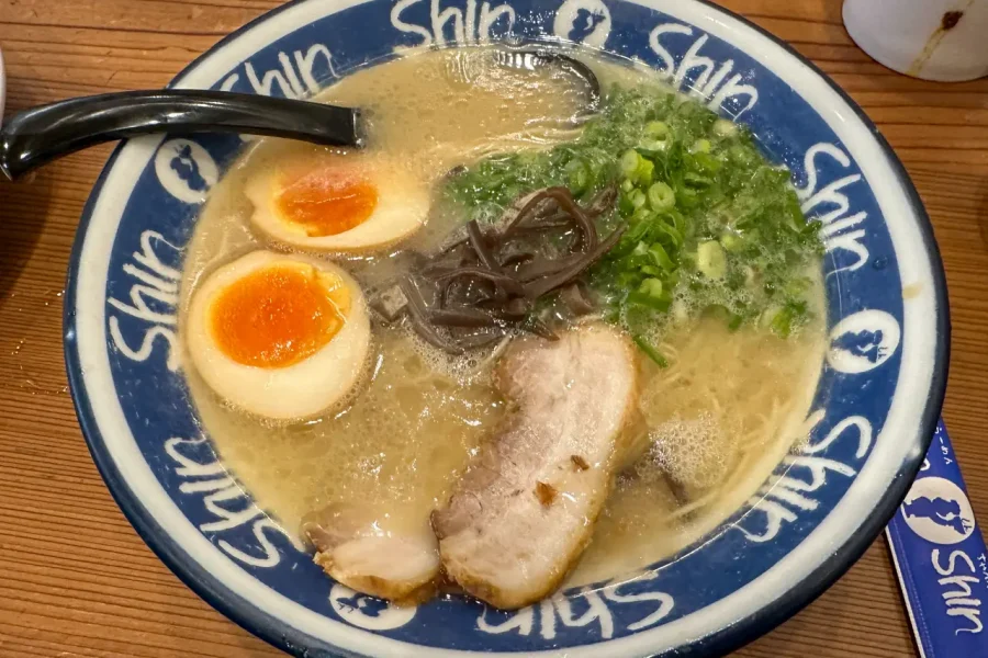 Bowl of Hakata Shinshin Ramen with rich tonkotsu broth
