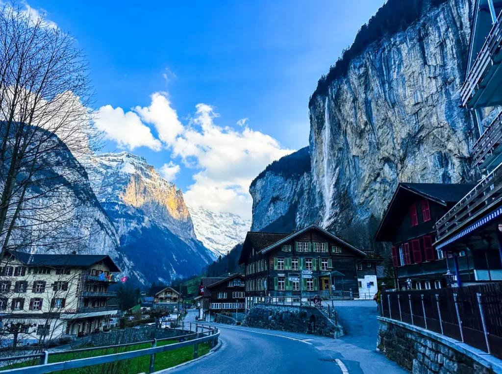 Staubbach Falls waterfall cascading down mountain cliff in Lauterbrunnen valley Switzerland