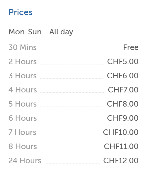 Vitznau station parking fee chart showing hourly rates
